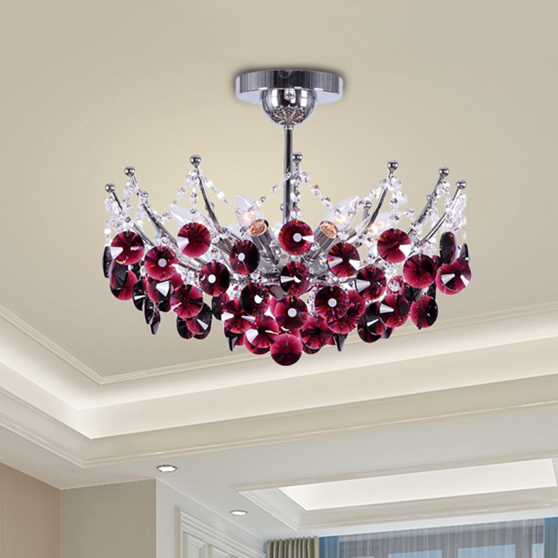 Crystal Dome Semi Flush Light Fixture Modern 5 Lights Burgundy/Smoke Gray/Amber Ceiling Light, 16"/19.5" Wide Clearhalo 'Ceiling Lights' 'Close To Ceiling Lights' 'Close to ceiling' 'Semi-flushmount' Lighting' 221302