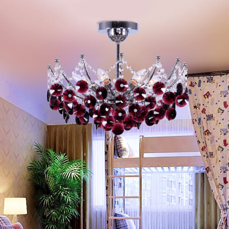 Crystal Dome Semi Flush Light Fixture Modern 5 Lights Burgundy/Smoke Gray/Amber Ceiling Light, 16"/19.5" Wide Burgundy Clearhalo 'Ceiling Lights' 'Close To Ceiling Lights' 'Close to ceiling' 'Semi-flushmount' Lighting' 221303