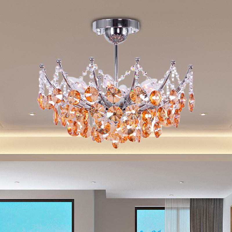 Crystal Dome Semi Flush Light Fixture Modern 5 Lights Burgundy/Smoke Gray/Amber Ceiling Light, 16"/19.5" Wide Amber Clearhalo 'Ceiling Lights' 'Close To Ceiling Lights' 'Close to ceiling' 'Semi-flushmount' Lighting' 221304