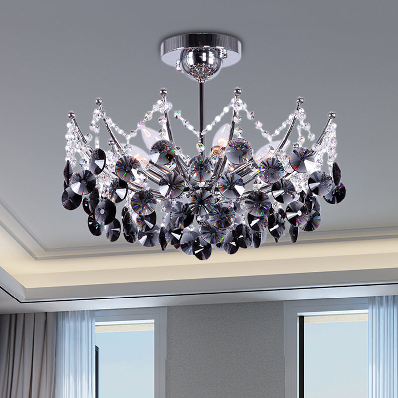 Crystal Dome Semi Flush Light Fixture Modern 5 Lights Burgundy/Smoke Gray/Amber Ceiling Light, 16"/19.5" Wide Smoke Gray Clearhalo 'Ceiling Lights' 'Close To Ceiling Lights' 'Close to ceiling' 'Semi-flushmount' Lighting' 221307