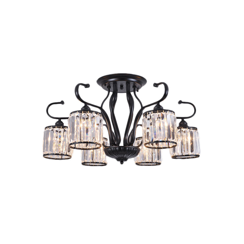 Cylinder Semi Flush Mount Light Rustic Crystal Block 3/6 Lights Black Ceiling Light for Dining Room Clearhalo 'Ceiling Lights' 'Close To Ceiling Lights' 'Close to ceiling' 'Semi-flushmount' Lighting' 221311