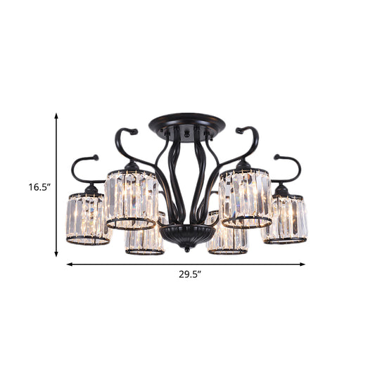 Cylinder Semi Flush Mount Light Rustic Crystal Block 3/6 Lights Black Ceiling Light for Dining Room Clearhalo 'Ceiling Lights' 'Close To Ceiling Lights' 'Close to ceiling' 'Semi-flushmount' Lighting' 221312