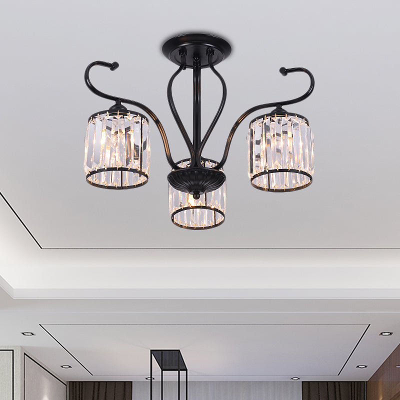 Cylinder Semi Flush Mount Light Rustic Crystal Block 3/6 Lights Black Ceiling Light for Dining Room 3 Black Clearhalo 'Ceiling Lights' 'Close To Ceiling Lights' 'Close to ceiling' 'Semi-flushmount' Lighting' 221313