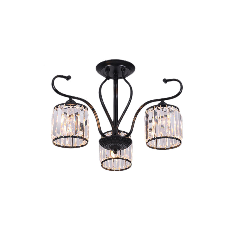 Cylinder Semi Flush Mount Light Rustic Crystal Block 3/6 Lights Black Ceiling Light for Dining Room Clearhalo 'Ceiling Lights' 'Close To Ceiling Lights' 'Close to ceiling' 'Semi-flushmount' Lighting' 221315