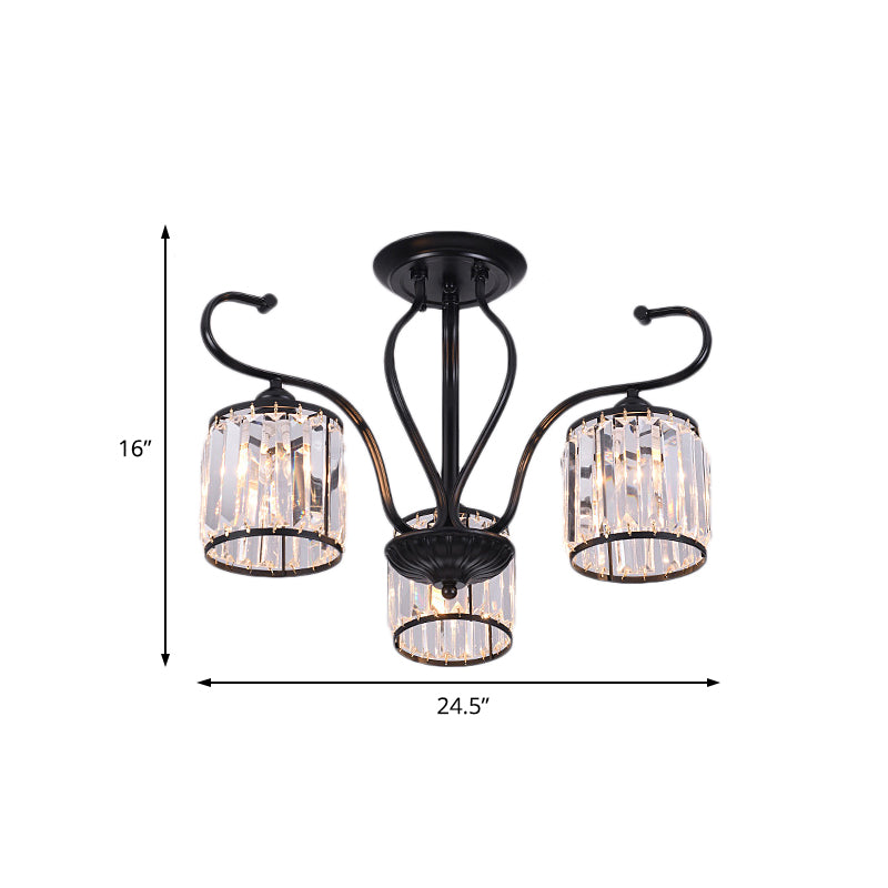 Cylinder Semi Flush Mount Light Rustic Crystal Block 3/6 Lights Black Ceiling Light for Dining Room Clearhalo 'Ceiling Lights' 'Close To Ceiling Lights' 'Close to ceiling' 'Semi-flushmount' Lighting' 221316