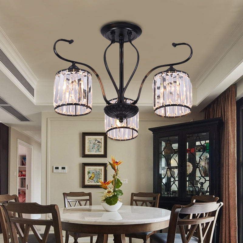 Cylinder Semi Flush Mount Light Rustic Crystal Block 3/6 Lights Black Ceiling Light for Dining Room Clearhalo 'Ceiling Lights' 'Close To Ceiling Lights' 'Close to ceiling' 'Semi-flushmount' Lighting' 221318