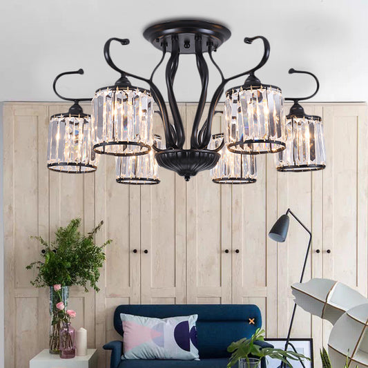 Cylinder Semi Flush Mount Light Rustic Crystal Block 3/6 Lights Black Ceiling Light for Dining Room 6 Black Clearhalo 'Ceiling Lights' 'Close To Ceiling Lights' 'Close to ceiling' 'Semi-flushmount' Lighting' 221319