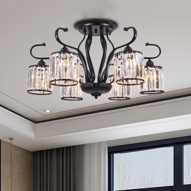 Cylinder Semi Flush Mount Light Rustic Crystal Block 3/6 Lights Black Ceiling Light for Dining Room Clearhalo 'Ceiling Lights' 'Close To Ceiling Lights' 'Close to ceiling' 'Semi-flushmount' Lighting' 221320