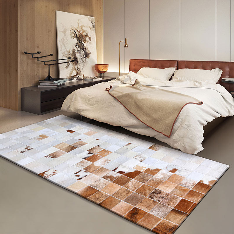 Multi Colored Bedroom Rug Cyberpunk Geo Patterned Area Carpet Cowhide Hand Worked Pet Friendly Rug White-Brown Clearhalo 'Area Rug' 'Rug' 2213282