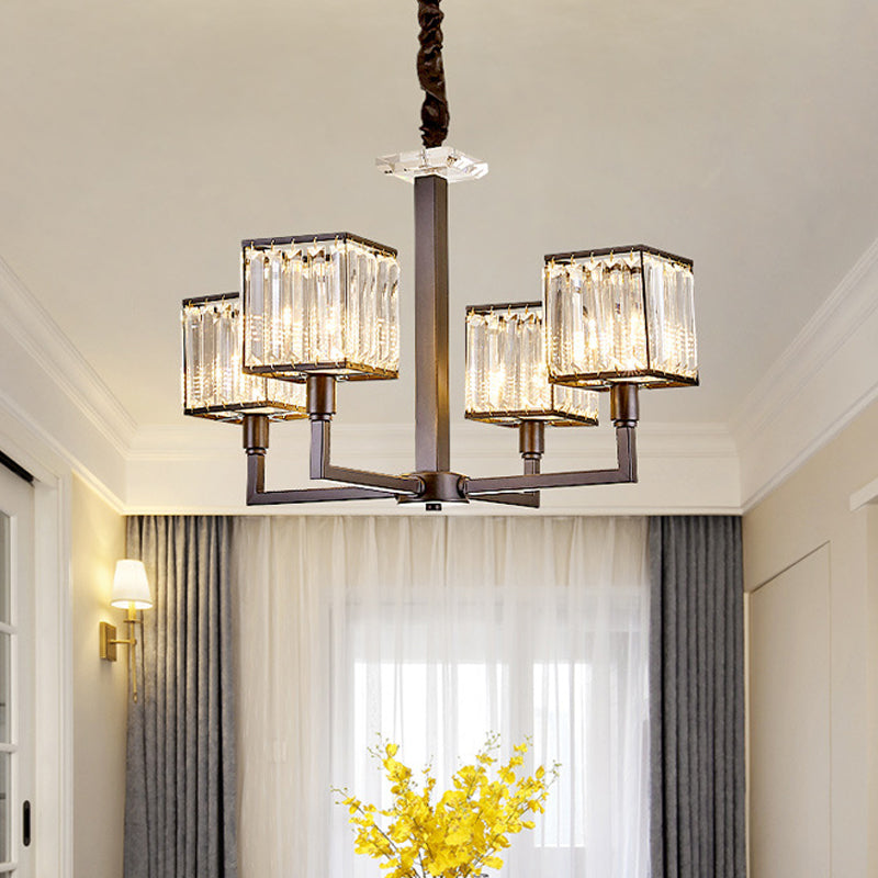 Modern Cubic Chandelier Lighting Fixture Rectangular-Cut Crystal 4/6/8 Lights Bedroom Hanging Light with Black Rod 4 Black Clearhalo 'Ceiling Lights' 'Chandeliers' 'Modern Chandeliers' 'Modern' Lighting' 221335