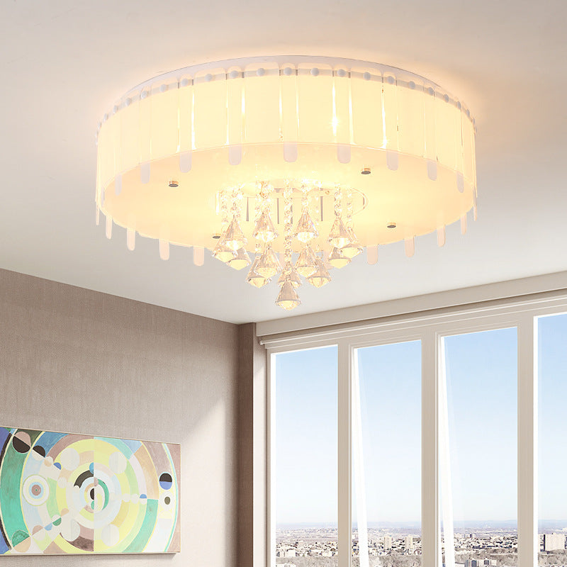 Simple Style LED Flush Mounted Light Drum Ceiling Light with White Glass Shade and Crystal Drop, 19.5"/23.5" Wide Clearhalo 'Ceiling Lights' 'Close To Ceiling Lights' 'Close to ceiling' 'Flush mount' Lighting' 221340