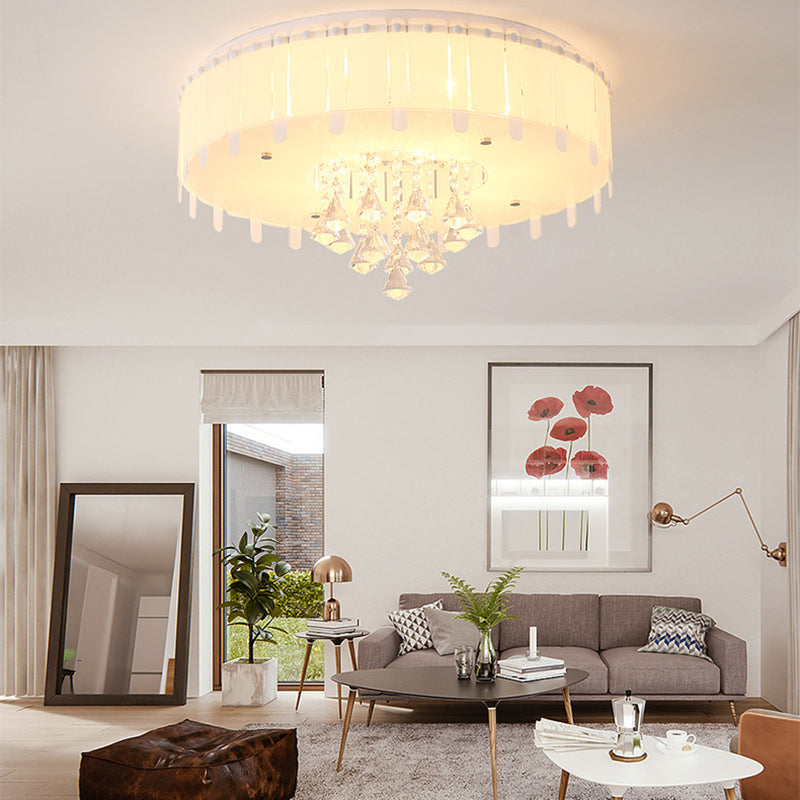 Simple Style LED Flush Mounted Light Drum Ceiling Light with White Glass  Shade and Crystal Drop, 19.5/23.5 Wide - Clearhalo