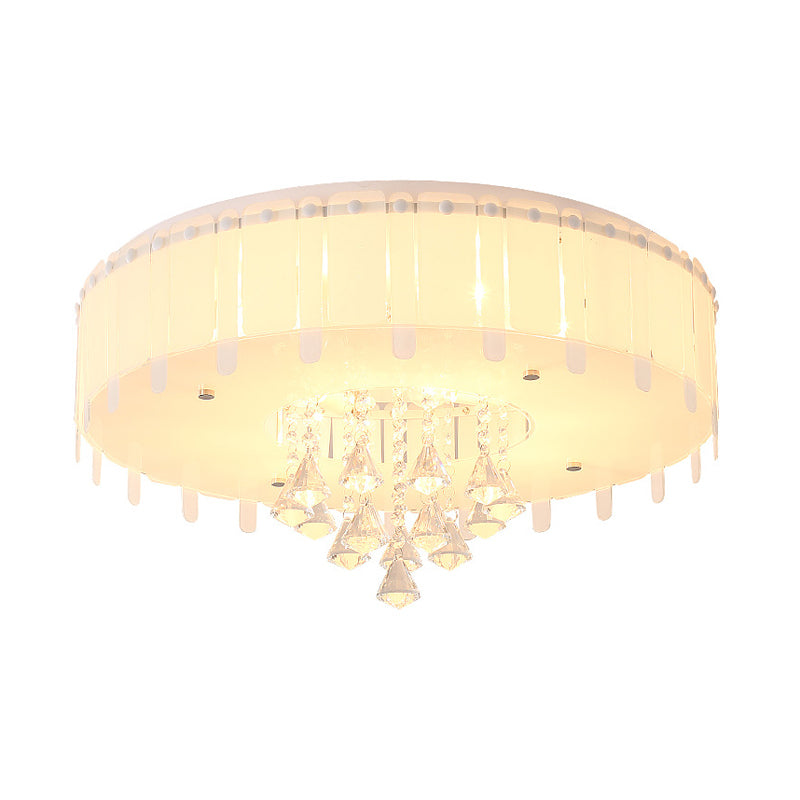 Simple Style LED Flush Mounted Light Drum Ceiling Light with White Glass Shade and Crystal Drop, 19.5"/23.5" Wide Clearhalo 'Ceiling Lights' 'Close To Ceiling Lights' 'Close to ceiling' 'Flush mount' Lighting' 221342