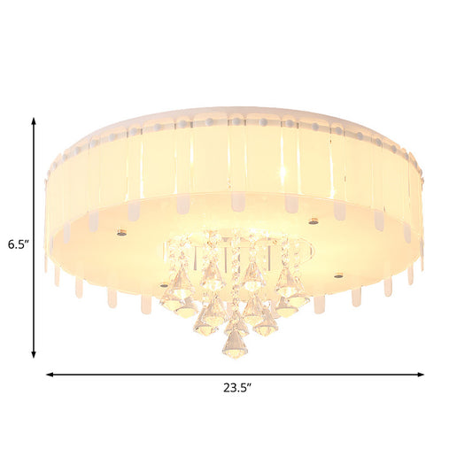 Simple Style LED Flush Mounted Light Drum Ceiling Light with White Glass Shade and Crystal Drop, 19.5"/23.5" Wide Clearhalo 'Ceiling Lights' 'Close To Ceiling Lights' 'Close to ceiling' 'Flush mount' Lighting' 221343