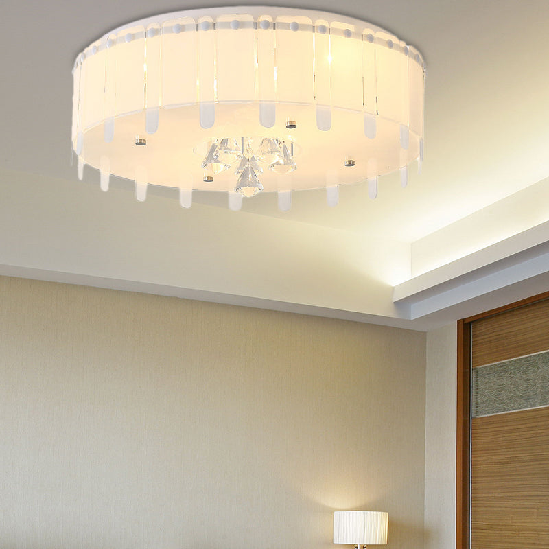 Simple Style LED Flush Mounted Light Drum Ceiling Light with White Glass Shade and Crystal Drop, 19.5"/23.5" Wide Clearhalo 'Ceiling Lights' 'Close To Ceiling Lights' 'Close to ceiling' 'Flush mount' Lighting' 221344