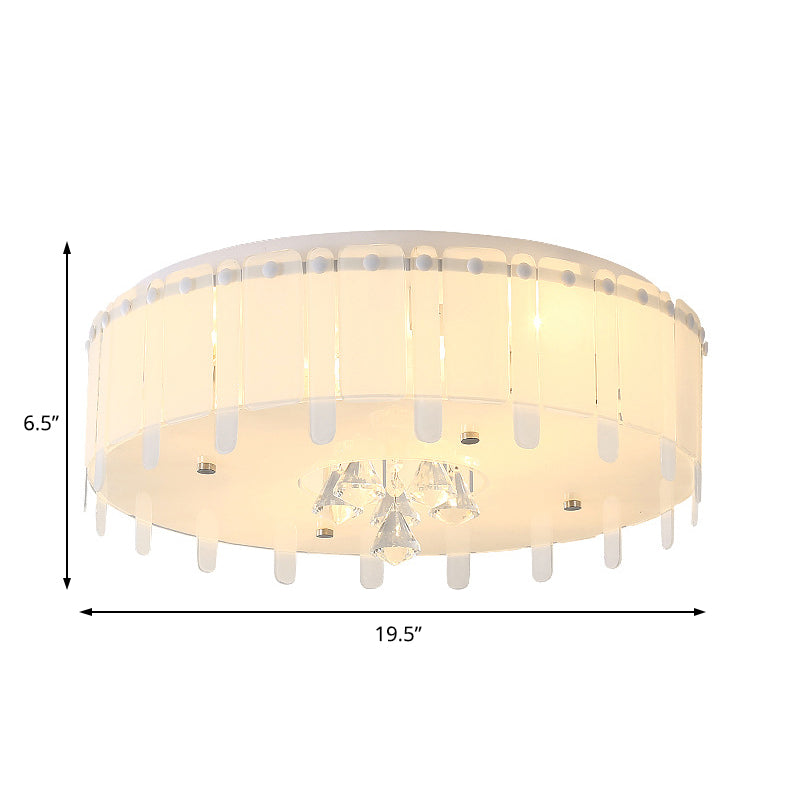 Simple Style LED Flush Mounted Light Drum Ceiling Light with White Glass Shade and Crystal Drop, 19.5"/23.5" Wide Clearhalo 'Ceiling Lights' 'Close To Ceiling Lights' 'Close to ceiling' 'Flush mount' Lighting' 221347