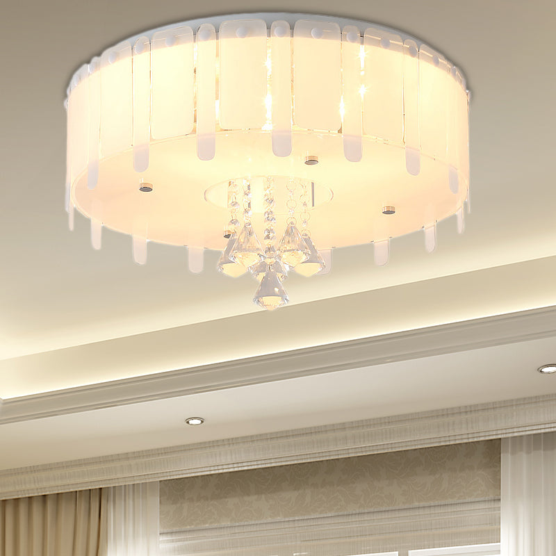 Simple Style LED Flush Mounted Light Drum Ceiling Light with White Glass Shade and Crystal Drop, 19.5"/23.5" Wide Clearhalo 'Ceiling Lights' 'Close To Ceiling Lights' 'Close to ceiling' 'Flush mount' Lighting' 221348