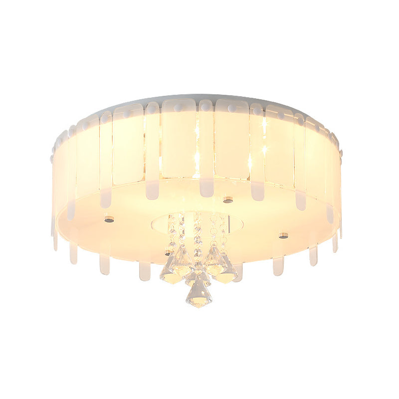 Simple Style LED Flush Mounted Light Drum Ceiling Light with White Glass Shade and Crystal Drop, 19.5"/23.5" Wide Clearhalo 'Ceiling Lights' 'Close To Ceiling Lights' 'Close to ceiling' 'Flush mount' Lighting' 221350