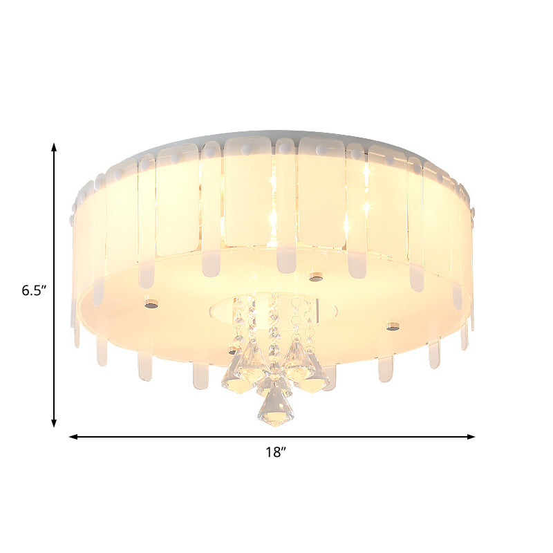 Simple Style LED Flush Mounted Light Drum Ceiling Light with White Glass Shade and Crystal Drop, 19.5"/23.5" Wide Clearhalo 'Ceiling Lights' 'Close To Ceiling Lights' 'Close to ceiling' 'Flush mount' Lighting' 221351