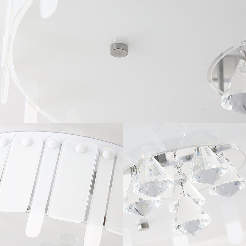 Simple Style LED Flush Mounted Light Drum Ceiling Light with White Glass Shade and Crystal Drop, 19.5"/23.5" Wide Clearhalo 'Ceiling Lights' 'Close To Ceiling Lights' 'Close to ceiling' 'Flush mount' Lighting' 221352