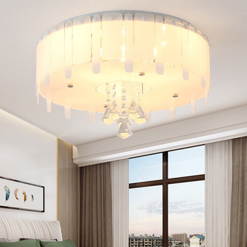 Simple Style LED Flush Mounted Light Drum Ceiling Light with White Glass Shade and Crystal Drop, 19.5"/23.5" Wide Clearhalo 'Ceiling Lights' 'Close To Ceiling Lights' 'Close to ceiling' 'Flush mount' Lighting' 221353