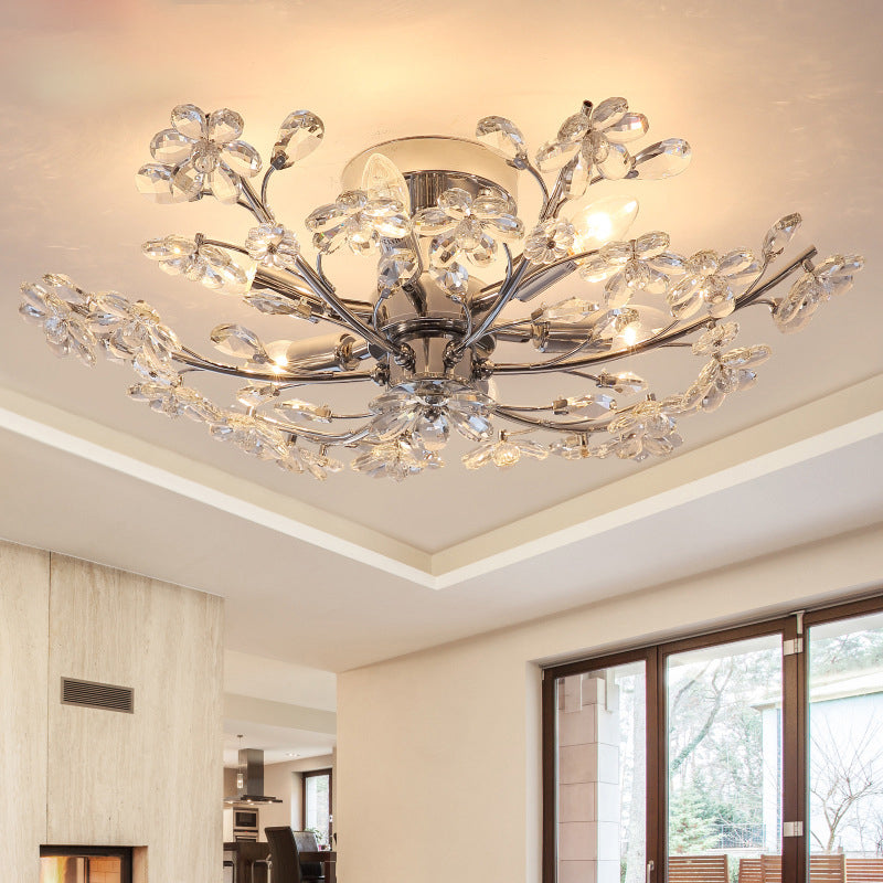 Crystal Flower Ceiling Fixture Postmodern 6 Lights Chrome Semi Flush Light, 23"/27.5" Wide Chrome 27.5" Clearhalo 'Ceiling Lights' 'Close To Ceiling Lights' 'Close to ceiling' 'Semi-flushmount' Lighting' 221355