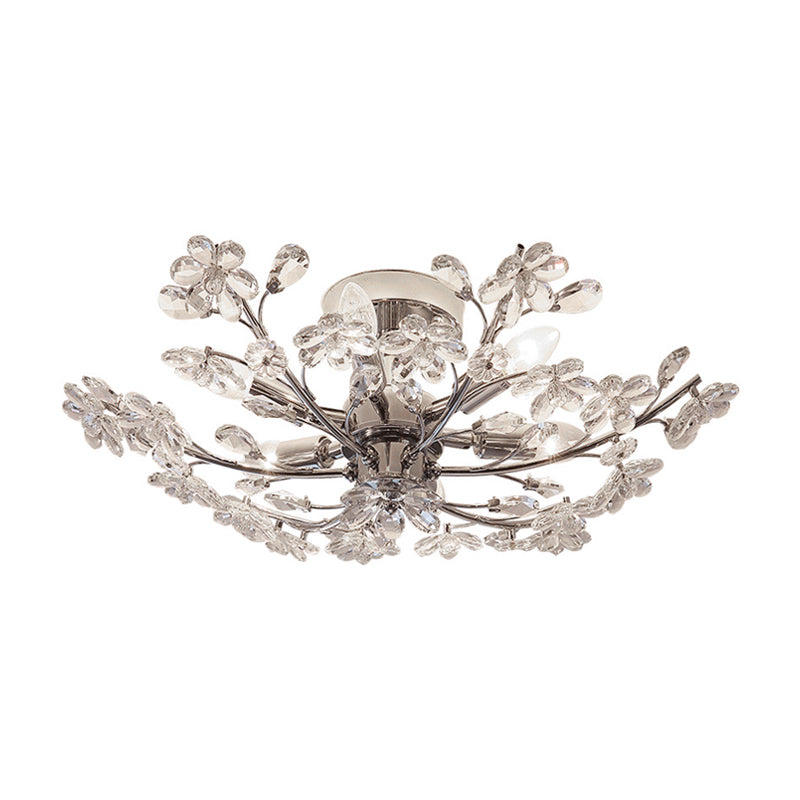 Crystal Flower Ceiling Fixture Postmodern 6 Lights Chrome Semi Flush Light, 23"/27.5" Wide Clearhalo 'Ceiling Lights' 'Close To Ceiling Lights' 'Close to ceiling' 'Semi-flushmount' Lighting' 221359