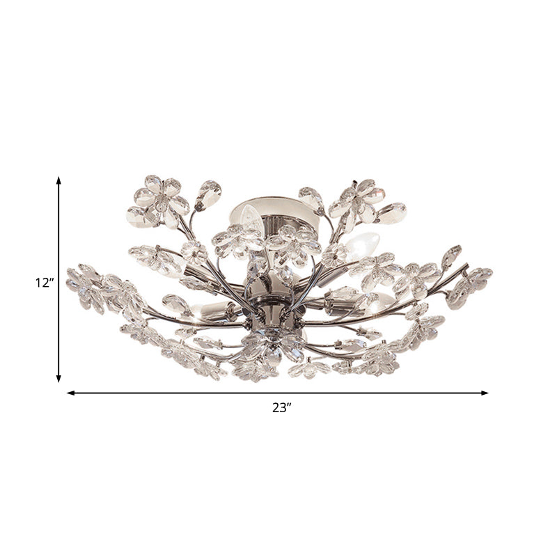 Crystal Flower Ceiling Fixture Postmodern 6 Lights Chrome Semi Flush Light, 23"/27.5" Wide Clearhalo 'Ceiling Lights' 'Close To Ceiling Lights' 'Close to ceiling' 'Semi-flushmount' Lighting' 221360