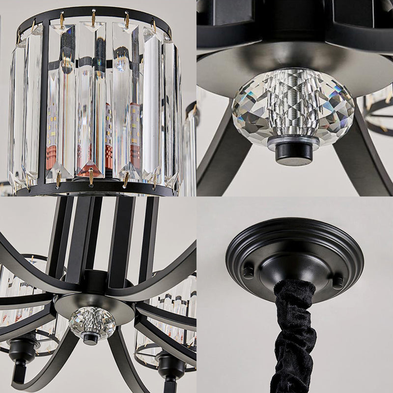 Cylinder Crystal Block Ceiling Light Fixture Rustic 3/6/8 Lights Black Chandelier Light for Living Room Clearhalo 'Ceiling Lights' 'Chandeliers' 'Modern Chandeliers' 'Modern' Lighting' 221375