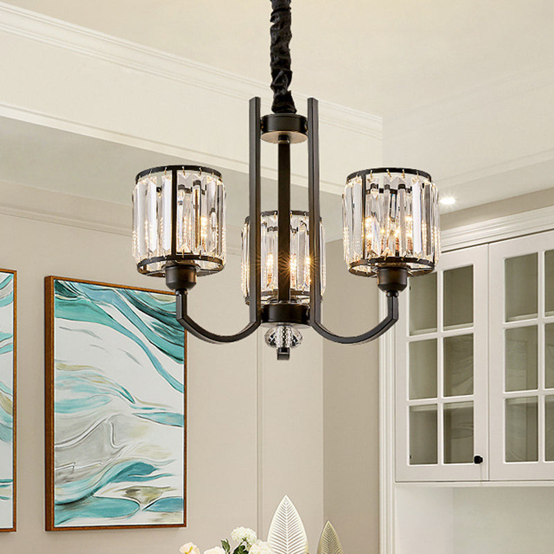 Cylinder Crystal Block Ceiling Light Fixture Rustic 3/6/8 Lights Black Chandelier Light for Living Room 3 Black Clearhalo 'Ceiling Lights' 'Chandeliers' 'Modern Chandeliers' 'Modern' Lighting' 221377