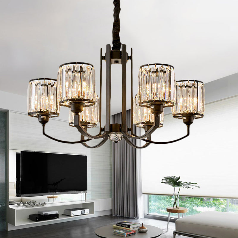 Cylinder Crystal Block Ceiling Light Fixture Rustic 3/6/8 Lights Black Chandelier Light for Living Room Clearhalo 'Ceiling Lights' 'Chandeliers' 'Modern Chandeliers' 'Modern' Lighting' 221378