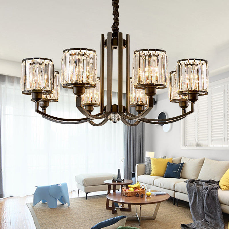 Cylinder Crystal Block Ceiling Light Fixture Rustic 3/6/8 Lights Black Chandelier Light for Living Room 8 Black Clearhalo 'Ceiling Lights' 'Chandeliers' 'Modern Chandeliers' 'Modern' Lighting' 221380