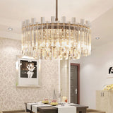 Circular Chandelier Light Fixture Contemporary Crystal Block 5 Lights Dining Room Hanging Lamp in Chrome Chrome Clearhalo 'Ceiling Lights' 'Chandeliers' 'Modern Chandeliers' 'Modern' Lighting' 221393