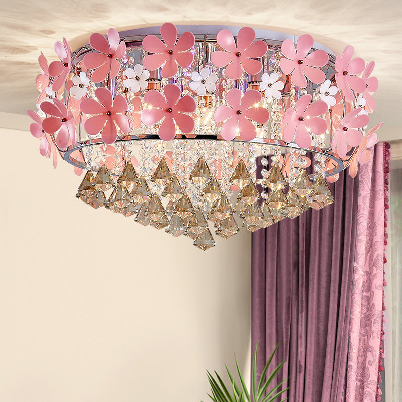 Modern Drum Flush Mount Light Crystal Drop LED Bedroom Ceiling Light Fixture with Pink Flower Decoration, 18"/21.5" Wide Clearhalo 'Ceiling Lights' 'Close To Ceiling Lights' 'Close to ceiling' 'Flush mount' Lighting' 221401