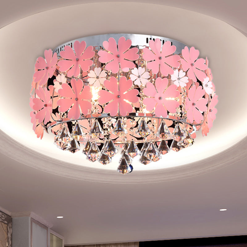 Modern Drum Flush Mount Light Crystal Drop LED Bedroom Ceiling Light Fixture with Pink Flower Decoration, 18"/21.5" Wide Pink 18" Clearhalo 'Ceiling Lights' 'Close To Ceiling Lights' 'Close to ceiling' 'Flush mount' Lighting' 221403