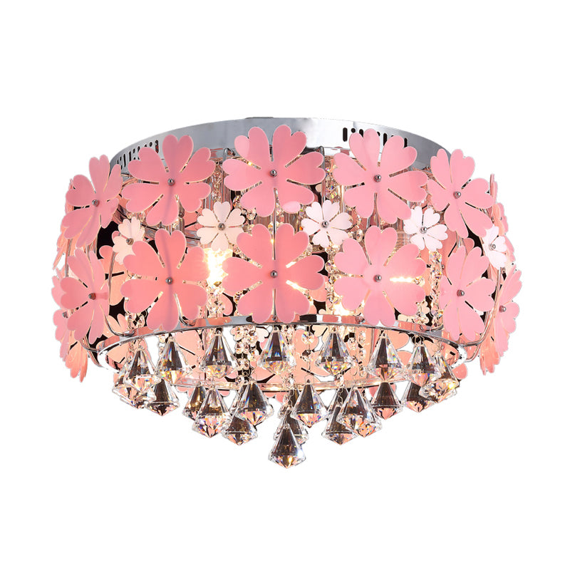 Modern Drum Flush Mount Light Crystal Drop LED Bedroom Ceiling Light Fixture with Pink Flower Decoration, 18"/21.5" Wide Clearhalo 'Ceiling Lights' 'Close To Ceiling Lights' 'Close to ceiling' 'Flush mount' Lighting' 221405