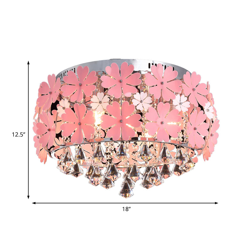 Modern Drum Flush Mount Light Crystal Drop LED Bedroom Ceiling Light Fixture with Pink Flower Decoration, 18"/21.5" Wide Clearhalo 'Ceiling Lights' 'Close To Ceiling Lights' 'Close to ceiling' 'Flush mount' Lighting' 221406