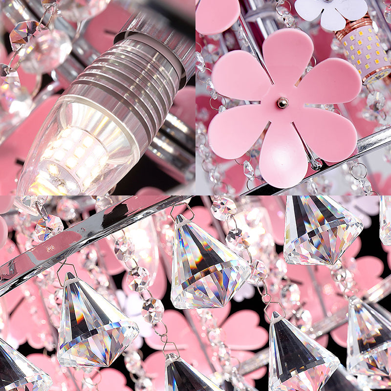 Modern Drum Flush Mount Light Crystal Drop LED Bedroom Ceiling Light Fixture with Pink Flower Decoration, 18"/21.5" Wide Clearhalo 'Ceiling Lights' 'Close To Ceiling Lights' 'Close to ceiling' 'Flush mount' Lighting' 221408