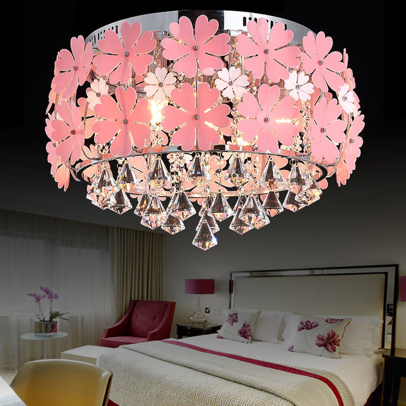 Modern Drum Flush Mount Light Crystal Drop LED Bedroom Ceiling Light Fixture with Pink Flower Decoration, 18"/21.5" Wide Clearhalo 'Ceiling Lights' 'Close To Ceiling Lights' 'Close to ceiling' 'Flush mount' Lighting' 221409