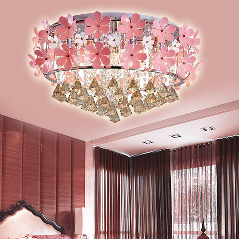 Modern Drum Flush Mount Light Crystal Drop LED Bedroom Ceiling Light Fixture with Pink Flower Decoration, 18"/21.5" Wide Pink 21.5" Clearhalo 'Ceiling Lights' 'Close To Ceiling Lights' 'Close to ceiling' 'Flush mount' Lighting' 221410