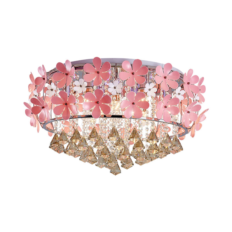 Modern Drum Flush Mount Light Crystal Drop LED Bedroom Ceiling Light Fixture with Pink Flower Decoration, 18"/21.5" Wide Clearhalo 'Ceiling Lights' 'Close To Ceiling Lights' 'Close to ceiling' 'Flush mount' Lighting' 221411