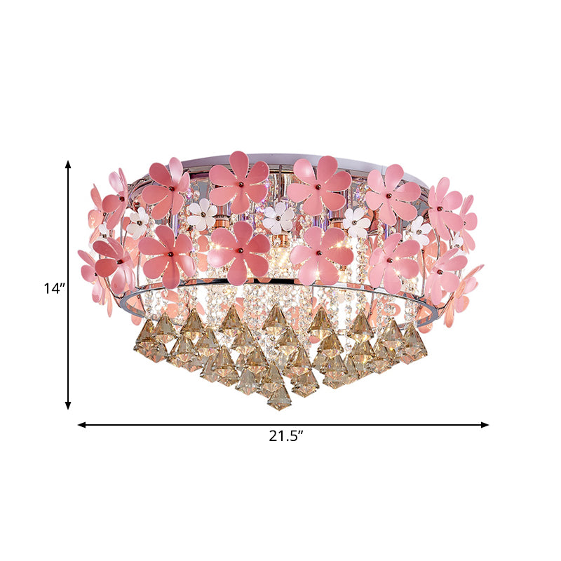 Modern Drum Flush Mount Light Crystal Drop LED Bedroom Ceiling Light Fixture with Pink Flower Decoration, 18"/21.5" Wide Clearhalo 'Ceiling Lights' 'Close To Ceiling Lights' 'Close to ceiling' 'Flush mount' Lighting' 221412