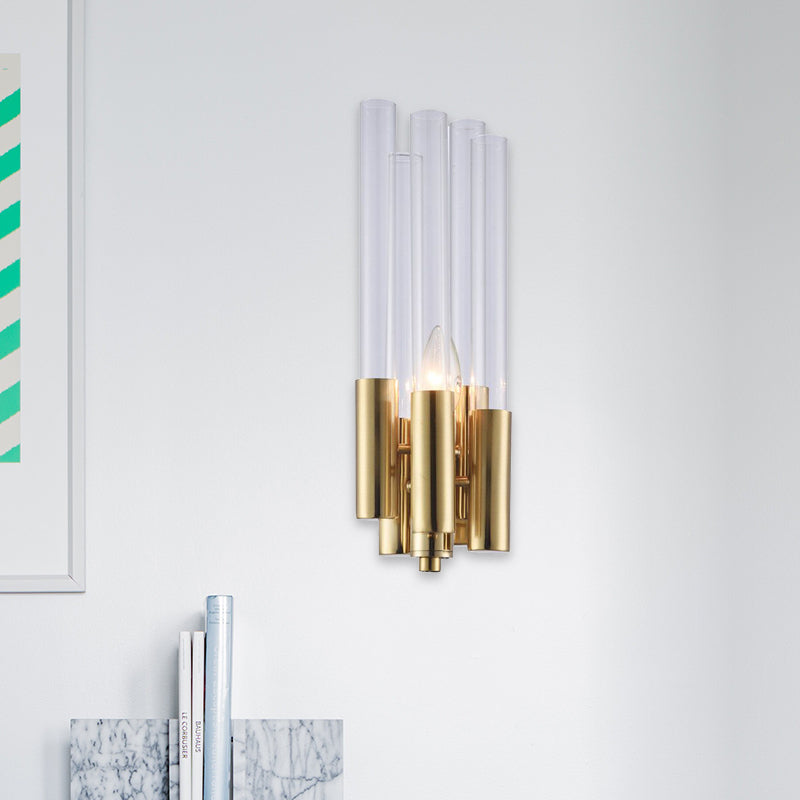 Postmodern 1 Light Sconce Light with Flute Crystal Shade Gold Candelabra Wall Mount Light Clearhalo 'Cast Iron' 'Glass' 'Industrial' 'Modern wall lights' 'Modern' 'Tiffany' 'Traditional wall lights' 'Wall Lamps & Sconces' 'Wall Lights' Lighting' 221484