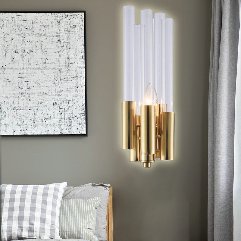 Postmodern 1 Light Sconce Light with Flute Crystal Shade Gold Candelabra Wall Mount Light Gold Clearhalo 'Cast Iron' 'Glass' 'Industrial' 'Modern wall lights' 'Modern' 'Tiffany' 'Traditional wall lights' 'Wall Lamps & Sconces' 'Wall Lights' Lighting' 221488