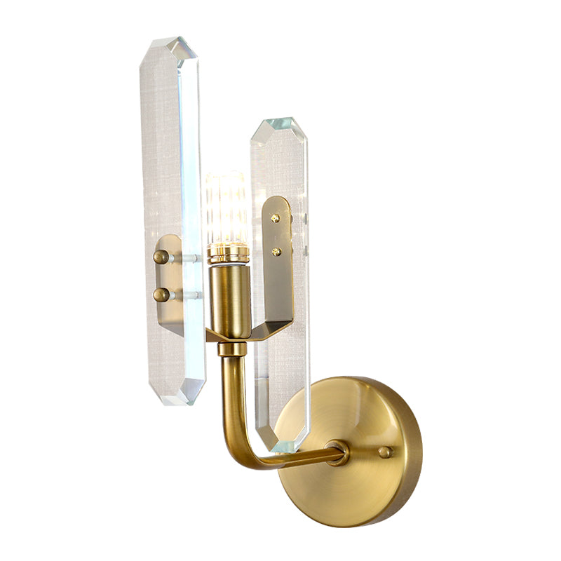 LED Living Room Sconce Light with Block Crystal Shade Postmodern Brass Wall Mounted Lamp Clearhalo 'Cast Iron' 'Glass' 'Industrial' 'Modern wall lights' 'Modern' 'Tiffany' 'Traditional wall lights' 'Wall Lamps & Sconces' 'Wall Lights' Lighting' 221491