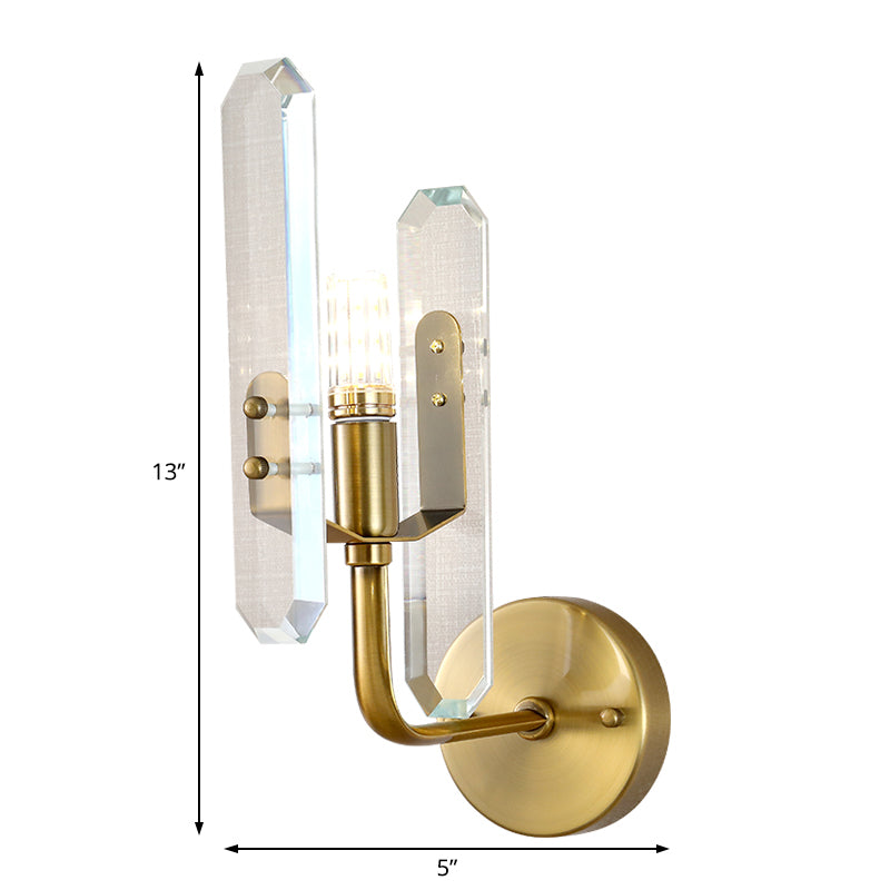 LED Living Room Sconce Light with Block Crystal Shade Postmodern Brass Wall Mounted Lamp Clearhalo 'Cast Iron' 'Glass' 'Industrial' 'Modern wall lights' 'Modern' 'Tiffany' 'Traditional wall lights' 'Wall Lamps & Sconces' 'Wall Lights' Lighting' 221492