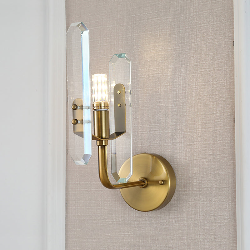 LED Living Room Sconce Light with Block Crystal Shade Postmodern Brass Wall Mounted Lamp Brass Clearhalo 'Cast Iron' 'Glass' 'Industrial' 'Modern wall lights' 'Modern' 'Tiffany' 'Traditional wall lights' 'Wall Lamps & Sconces' 'Wall Lights' Lighting' 221494