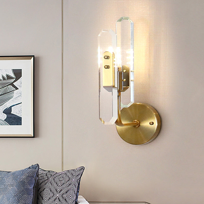 LED Living Room Sconce Light with Block Crystal Shade Postmodern Brass Wall Mounted Lamp Clearhalo 'Cast Iron' 'Glass' 'Industrial' 'Modern wall lights' 'Modern' 'Tiffany' 'Traditional wall lights' 'Wall Lamps & Sconces' 'Wall Lights' Lighting' 221495