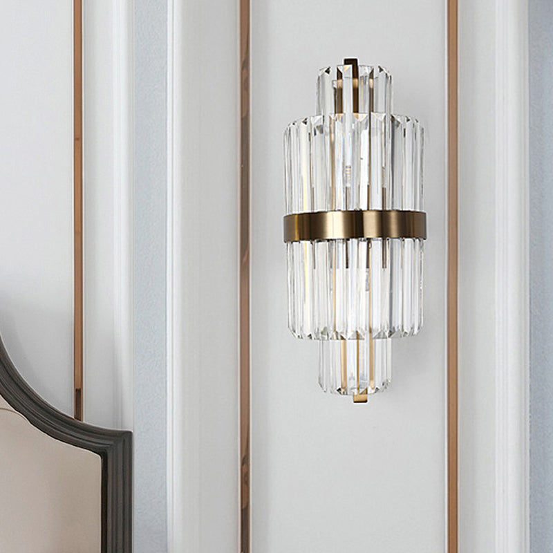 Spool Wall Sconce Light Modern Faceted Clear Crystal Prism 2 Lights Brass Wall Mounted Light Clearhalo 'Modern wall lights' 'Modern' 'Wall Lamps & Sconces' 'Wall Lights' Lighting' 221501