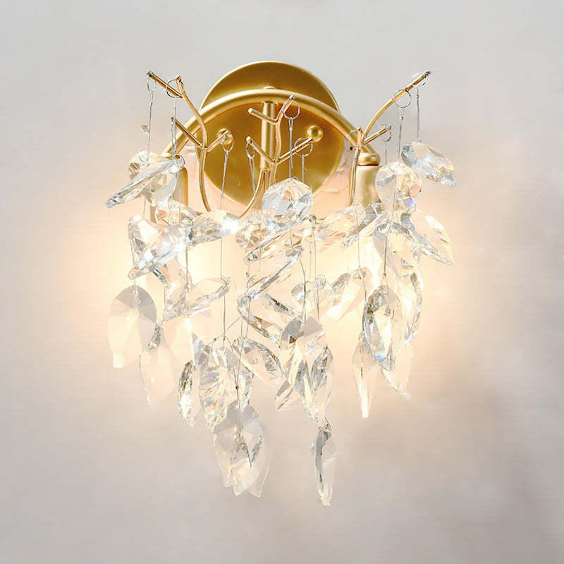 Postmodern Leaf Faceted Crystal Wall Mount Light 4 Lights Sconce Light Fixture in Brass Clearhalo 'Cast Iron' 'Glass' 'Industrial' 'Modern wall lights' 'Modern' 'Tiffany' 'Traditional wall lights' 'Wall Lamps & Sconces' 'Wall Lights' Lighting' 221504